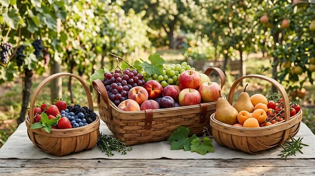 Abundant Harvest of Fresh Fruits in Rustic Baskets Outdoors.