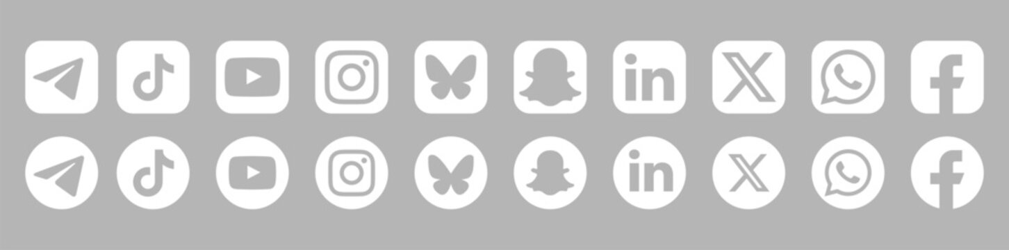 Social media icon set featuring Telegram, TikTok, YouTube, Instagram, Snapchat, LinkedIn, X, WhatsApp, Facebook, essential digital marketing assets, modern flat design collection