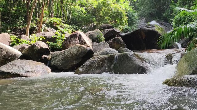 Beautiful tropical waterfall flowing through large rocks in a lush green forest jungle.
