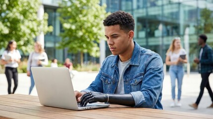 Fototapeta premium Man with prosthetic arm using laptop outdoors.