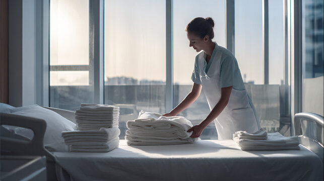 Professional nurse carefully arranging clean bed sheets, folded blankets and medical supplies inside a bright modern hospital room before patient arrival, soft natural daylight