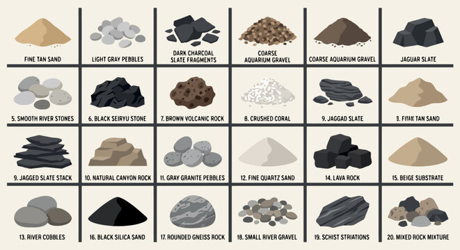 Educational chart showing various types of natural stones, rocks and sand