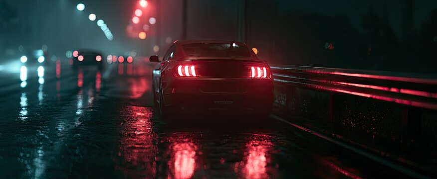 Car driving through wet road with red and blue lights at night