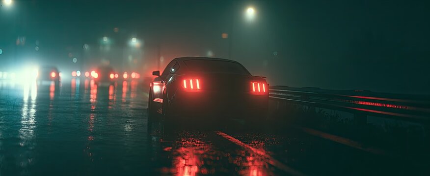 Cars driving on wet road at night, taillights reflecting
