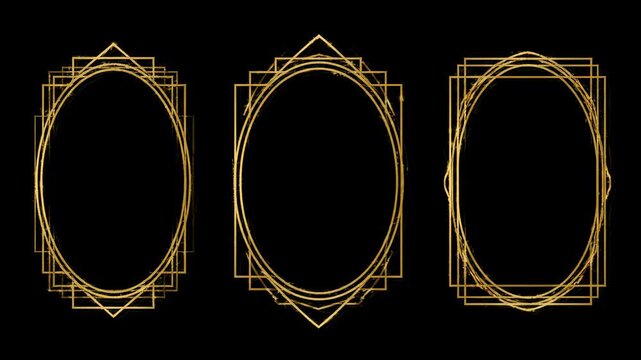Three golden frames with art deco designs, on a black background