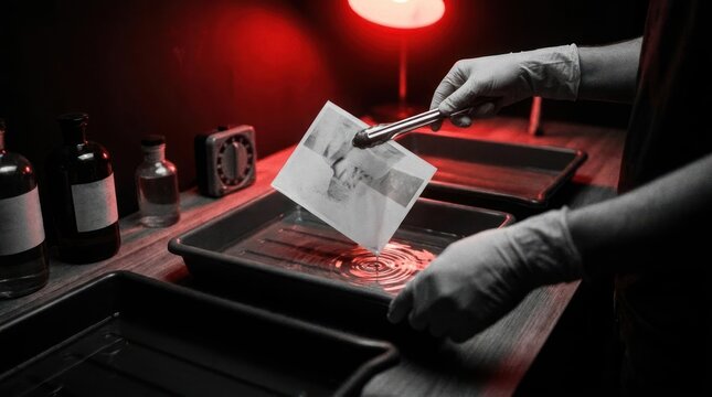 Monochrome darkroom processing with gloved hands and tongs.
