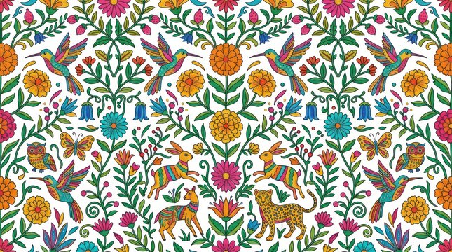 Colorful Mexican Folk Art Embroidery Pattern with Animals and Flowers
