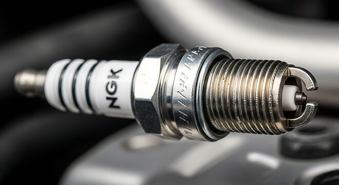 Close up of a new NGK spark plug for automotive engine maintenance.