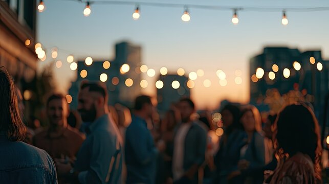 A blurred outdoor gathering with string lights at dusk