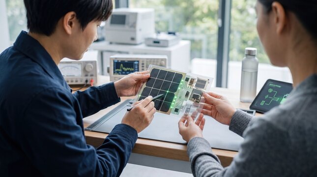 Two engineers examining transparent flexible solar panel prototype with integrated circuit board in bright electronics workshop