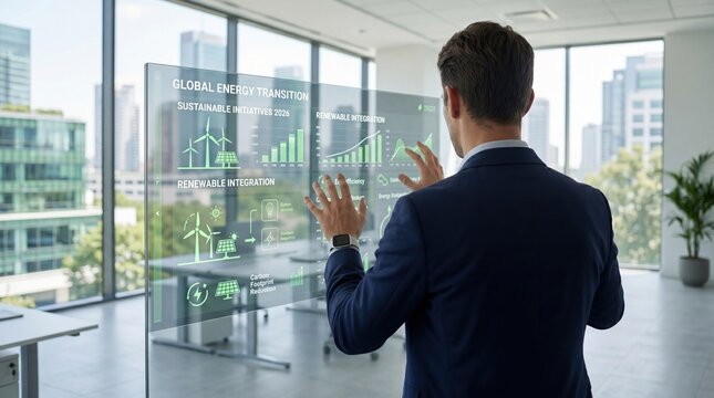 Man interacting with holographic screen showing global energy transition data, sustainable initiatives and renewable integration future concept.