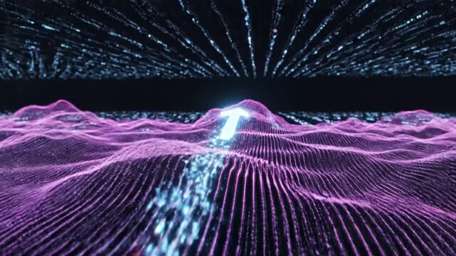 Digital arrow flying over purple wave data landscape.