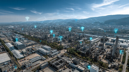 Fototapeta premium Aerial view of city with sensor networks deploying AI technology