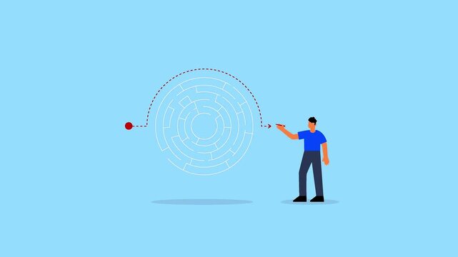 Strategic thinking shortcut animation showing a man drawing a line around a complex maze to reach his goal easily.