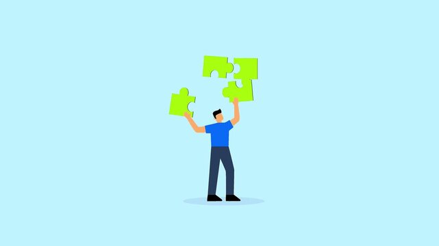 Problem solving mental concept animation with a man lifting a green jigsaw piece to complete a puzzle above him.