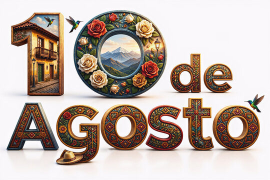 Texto de Celebraci&oacute;n del 10 de Agosto en Ecuador hecho de texturas de manualidades t&iacute;picas del pa&iacute;s
