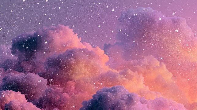 Fluffy clouds illuminated by sunset in a sparkling, starry sky