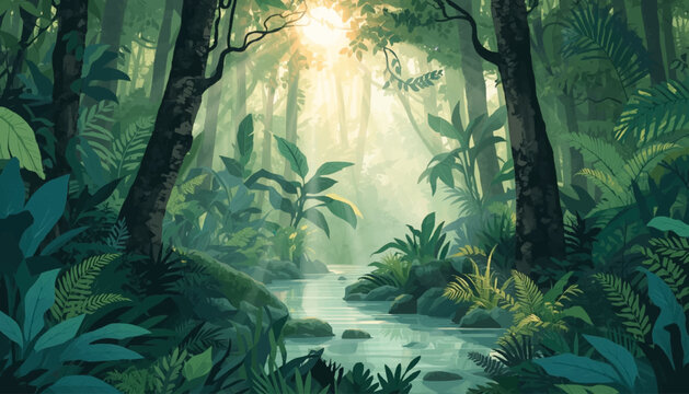 Morning forest stream with ferns, moss and warm rays through trees, useful vector for spa visuals, nature campaigns, travel content and calm backgrounds