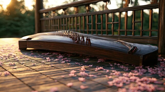 Elegant traditional stringed instrument rests on wooden deck, scattered petals