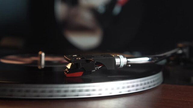 Spinning Vinyl Record Audio Playback With Mirror Reflection, Close Up