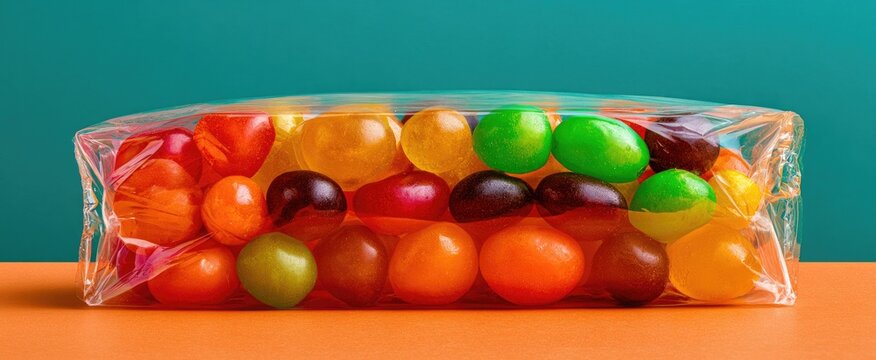 Colorful candies in a clear plastic bag on an orange surface