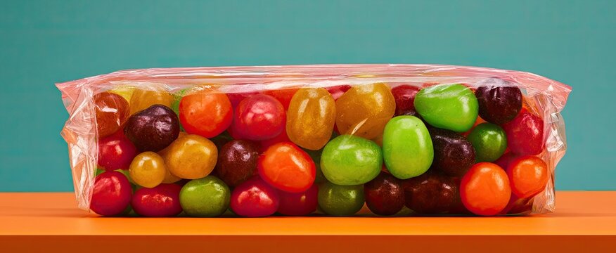 A plastic bag filled with colorful, oval-shaped candies on an orange surface