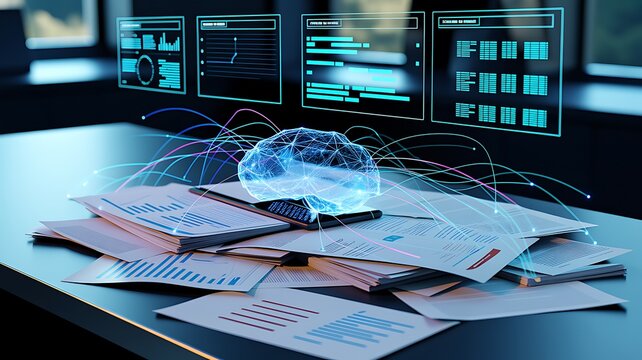 AI researcher working with a holographic brain interface at a computer desk
