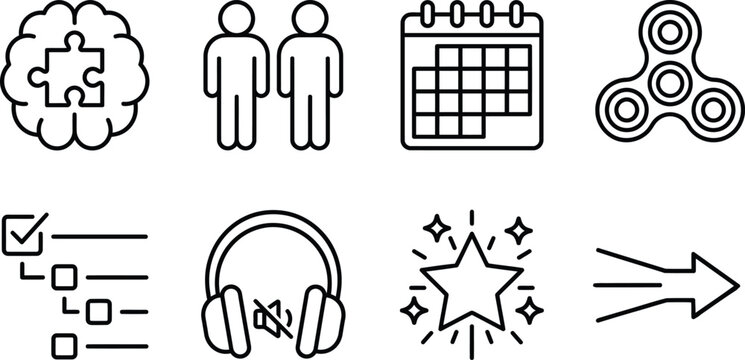 Collection Of Flat Line Icons Representing Concepts Like Problem solving People And Scheduling