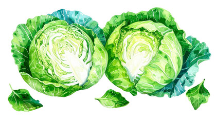 Fototapeta premium Watercolor painting of two fresh green cabbages.