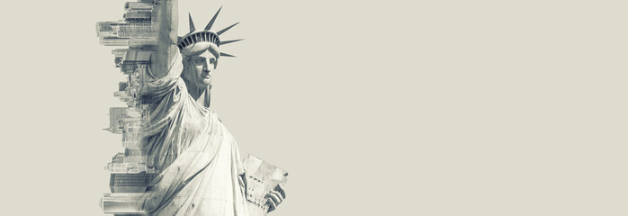Double exposure image of the Statue of Liberty and new york skyline with cope space. Toned image © Maria