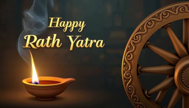 Happy rath yatra greeting card with oil lamp and chariot wheel