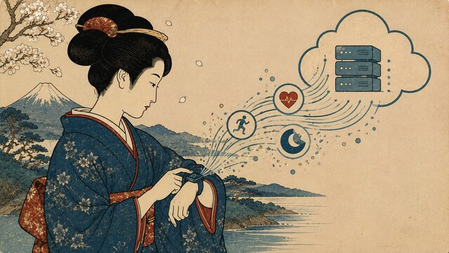 浮世絵風の日本の風景で着物姿の女性がスマートウォッチで健康データをクラウドに連携する様子