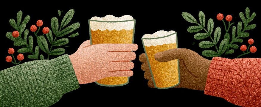 Two hands clink glasses of foamy beer with festive foliage