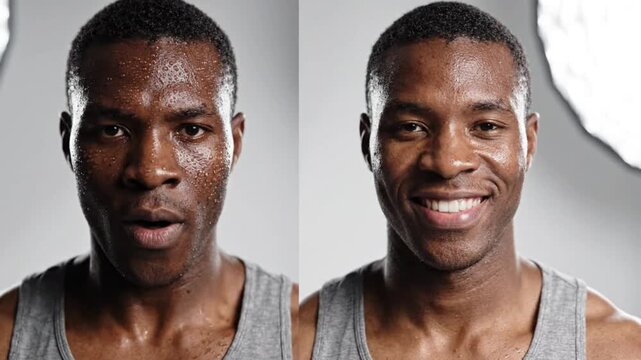 Dynamic expressions of a smiling man in a studio setting with dramatic lighting