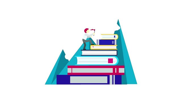 Education peak achievement concept with a person holding a flag on top of a stack of giant books.