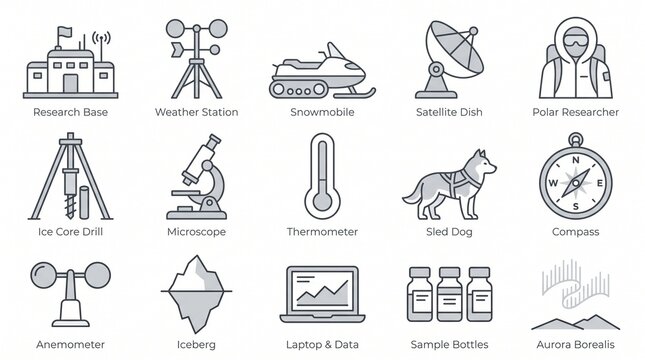 Arctic Research Station Vector Icons Set for Polar Exploration
