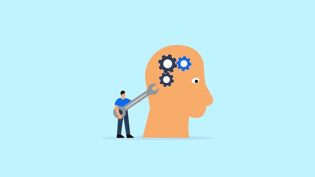 Mental health optimization animation showing a person using a wrench to fix gears inside a human head.