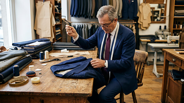Tailored craftsmanship in a bespoke tailoring shop featuring an experienced tailor working on a navy suit with various sewing