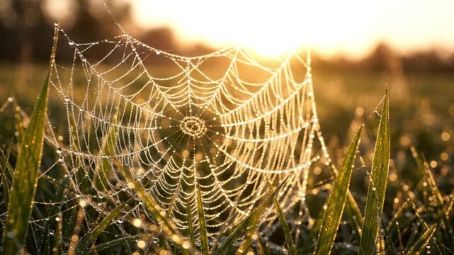 Glistening spider web captured in morning light with dew drops on grass