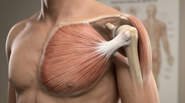 Detailed Human Shoulder Anatomy with Muscles and Tendons.