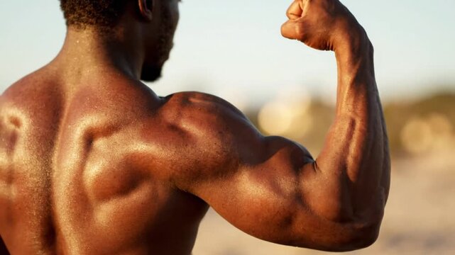 Muscular man flexing biceps under warm sunlight at the beach with video captures muscular