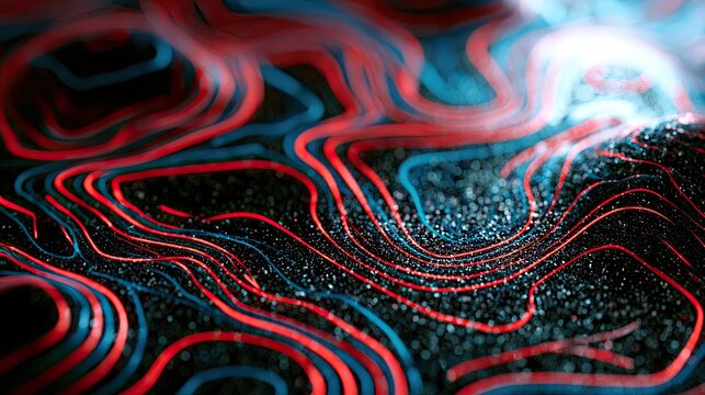 Abstract flowing red and blue illuminated lines on dark textured surface