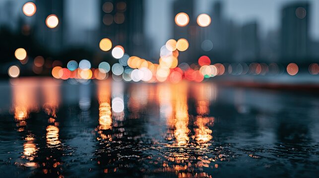 Wet city street reflects blurred glowing lights of a rainy night