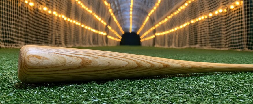 Baseball bat on artificial grass in a tunnel lit by string lights