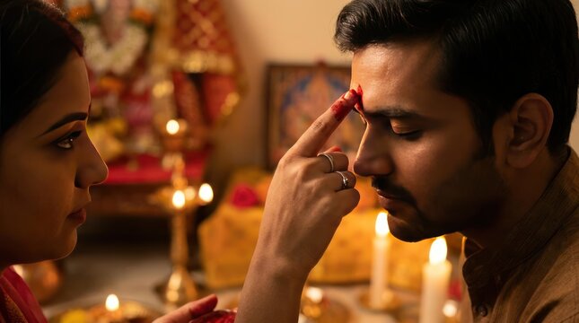 Woman applying red tilak to man's forehead.