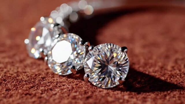 Close up of brilliant round cut diamonds on brown leather