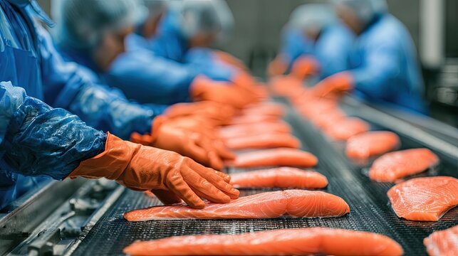 Food processing workers prepare fresh fish on a conveyor belt