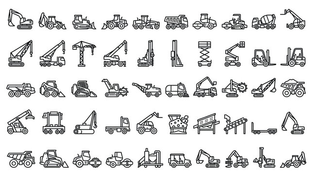 Construction site machinery and crane vehicle outline icons.