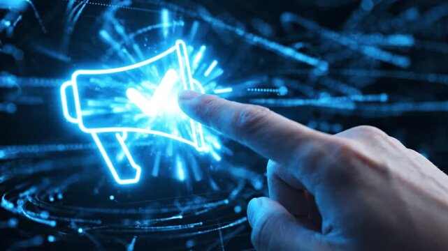 Interactive digital interface with hand touching notification icons in futuristic setting