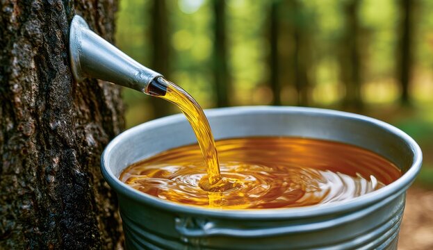 Sap flows from tree spile into a metal bucket in a forest